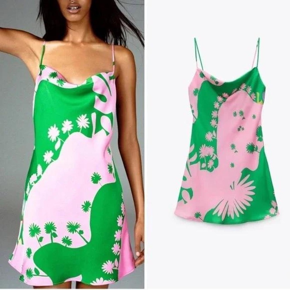 Zara Satin Effect Green and Pink Mini Dress